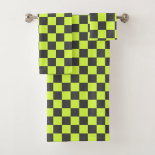 Vibrant Green and Gray Checkered Pattern Bath Towel Set
