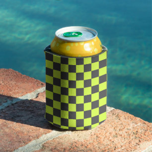 Vibrant Green and Grey Chequered Pattern Can Cooler