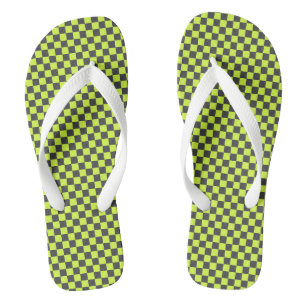 Vibrant Green and Grey Chequered Pattern Flip Flops