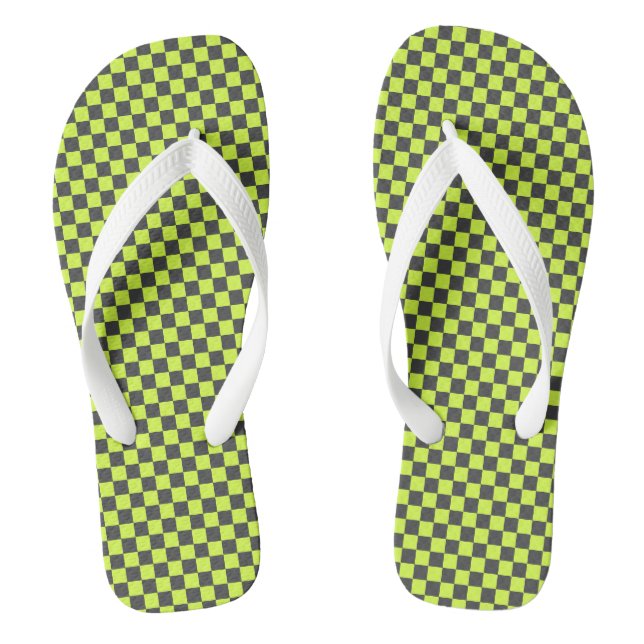 Vibrant Green and Grey Chequered Pattern Flip Flops (Footbed)