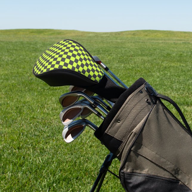 Vibrant Green and Grey Chequered Pattern Golf Head Cover (In Situ)