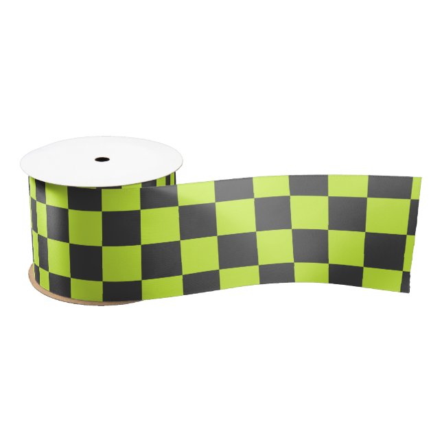 Vibrant Green and Grey Chequered Pattern Satin Ribbon (Spool)