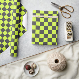Vibrant Green and Grey Chequered Pattern Wrapping Paper