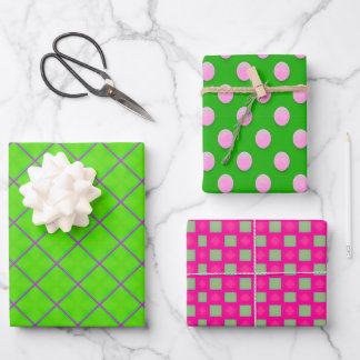 Vibrant Green and Pink Varied Geometric Pattern  Wrapping Paper Sheet