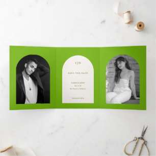 Vibrant Green Arch Photo Wedding Save the Date Tri-Fold Announcement