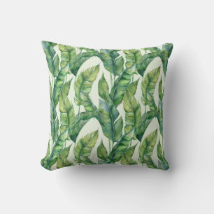 Vibrant Green Banana Leaves Watercolor Pattern Cushion