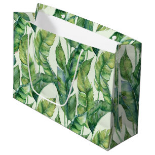 Vibrant Green Banana Leaves Watercolor Pattern Large Gift Bag