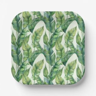 Vibrant Green Banana Leaves Watercolor Pattern Paper Plate