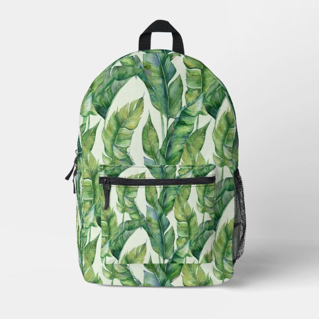 Vibrant Green Banana Leaves Watercolor Pattern Printed Backpack (Front)