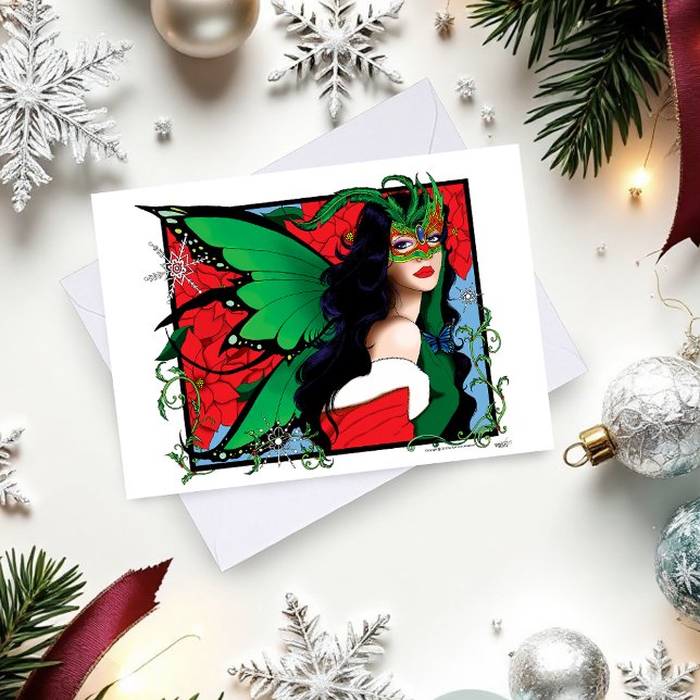 Vibrant Green Fantasy Masquerade Fairy Christmas  Holiday Card (Creator Uploaded)