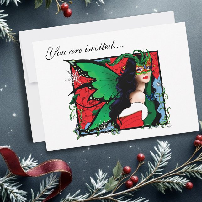 Vibrant Green Fantasy Masquerade Fairy Christmas Invitation (Creator Uploaded)