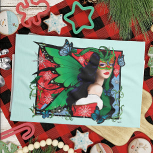 Vibrant Green Fantasy Masquerade Fairy Christmas Tea Towel