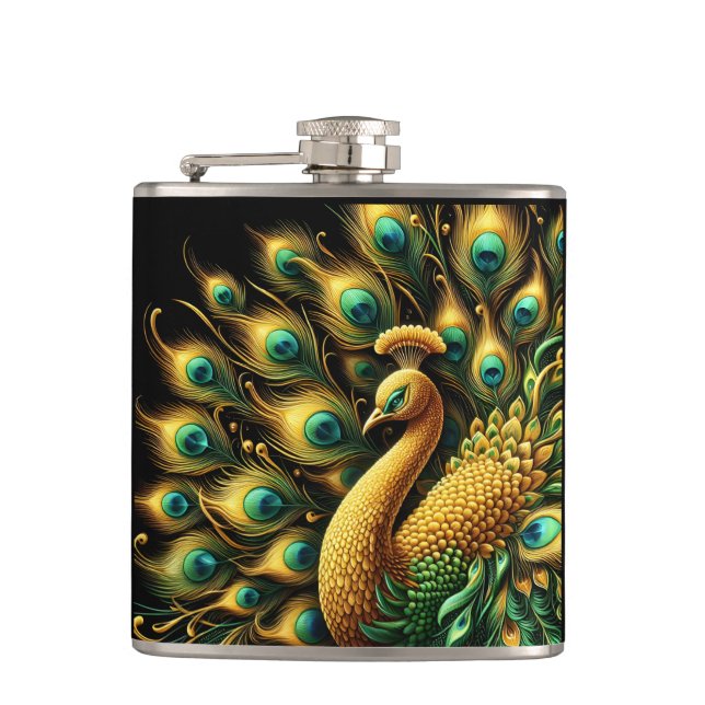 Vibrant green feathers of a majestic peacock hip flask (Front)