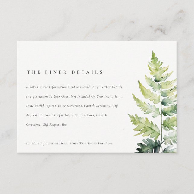 Vibrant Green Fern Foliage Wedding Detail Enclosure Card (Front)