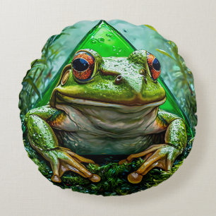 Vibrant Green Frog With Striking Eyes Round Cushion