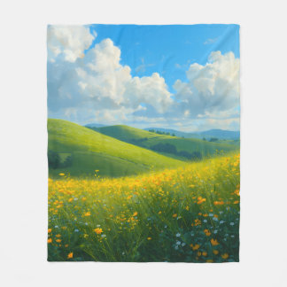 Vibrant Green Hills & Yellow Flowers Landscape Ar Fleece Blanket