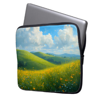 Vibrant Green Hills & Yellow Flowers Landscape Ar Laptop Sleeve