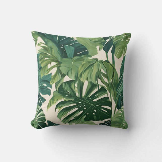 Vibrant Green Lush Palm Leaves & Monstera Cushion (Front)