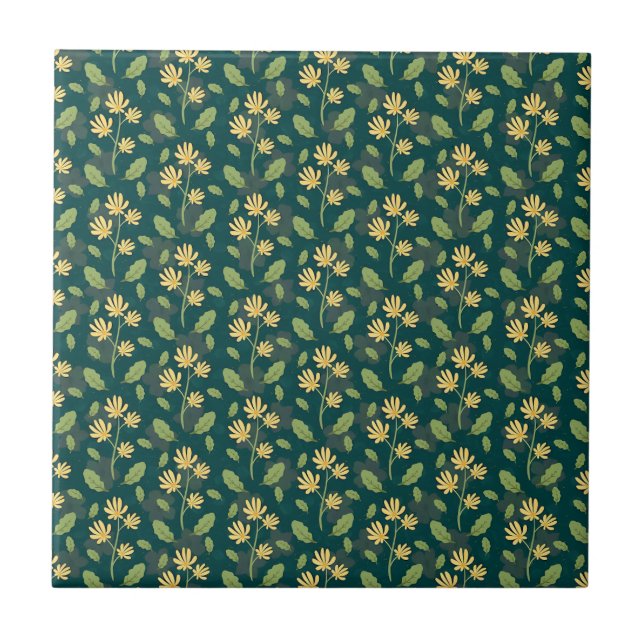 Vibrant Green Pattern with Yellow Flowers & Leaves Tile (Front)