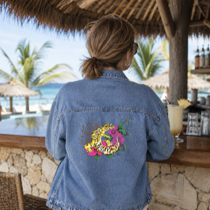 Vibrant Green Playful Leopard Gecko Floral  Denim Jacket