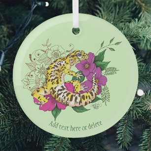 Vibrant Green Playful Leopard Gecko Floral Glass Tree Decoration