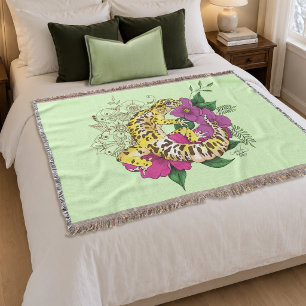 Vibrant Green Playful Leopard Gecko Floral Throw Blanket