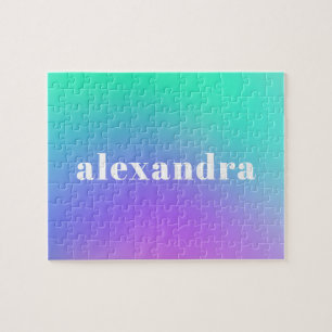 Vibrant Green Purple Abstract Gradient Name Jigsaw Puzzle