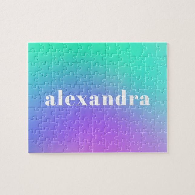 Vibrant Green Purple Abstract Gradient Name Jigsaw Puzzle (Horizontal)