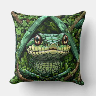 Vibrant Green Snake Among Thick Leaves Cushion