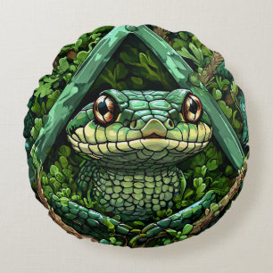 Vibrant Green Snake Among Thick Leaves Round Cushion