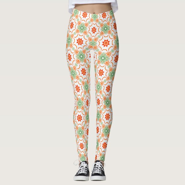 Vibrant Green & Terracotta Floral Diamond Pattern  Leggings (Front)