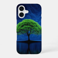 Vibrant Green Tree on Midnight Blue Lake Phone