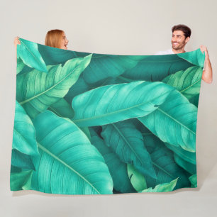 Vibrant Green Tropical Banana Leaves Pattern Fleece Blanket