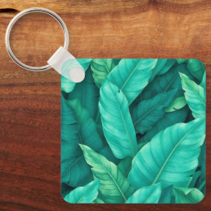 Vibrant Green Tropical Banana Leaves Pattern Key Ring
