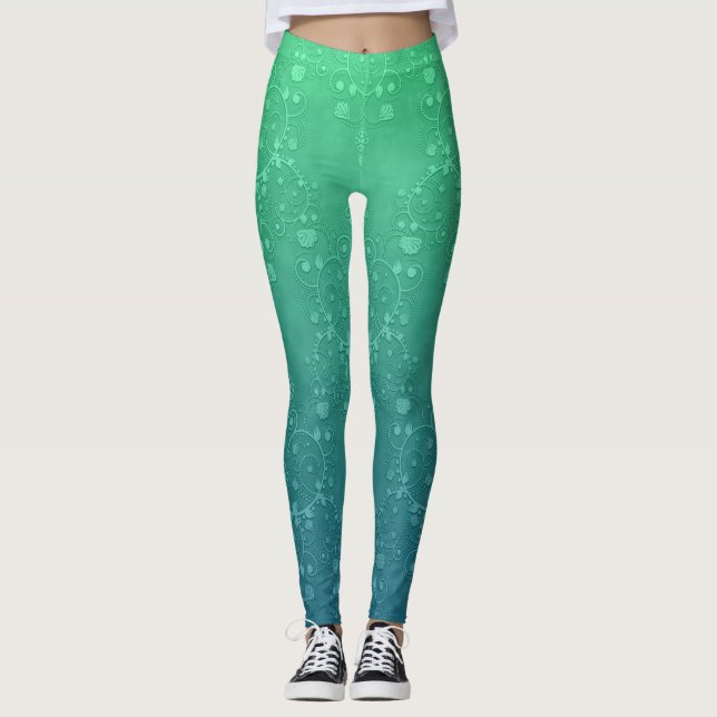 Vibrant Green Turquoise Damask Boho Style Leggings (Front)