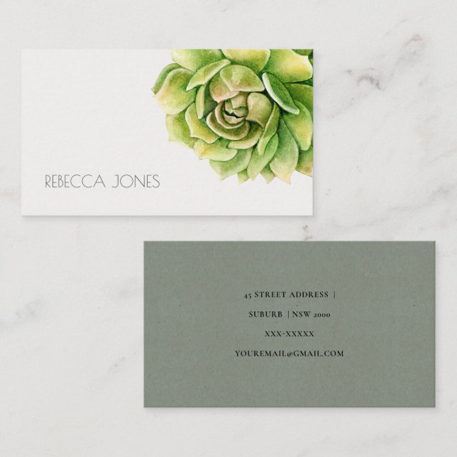 VIBRANT GREEN WATERCOLOR SUCCULENT ADDRESS BUSINESS CARD (Front/Back)