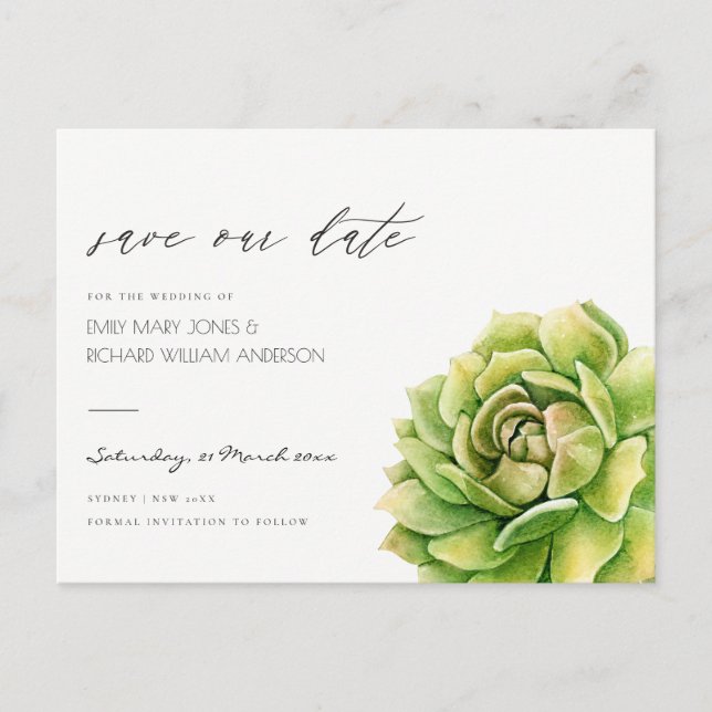 VIBRANT GREEN WATERCOLOR SUCCULENT SAVE THE DATE ANNOUNCEMENT POSTCARD (Front)