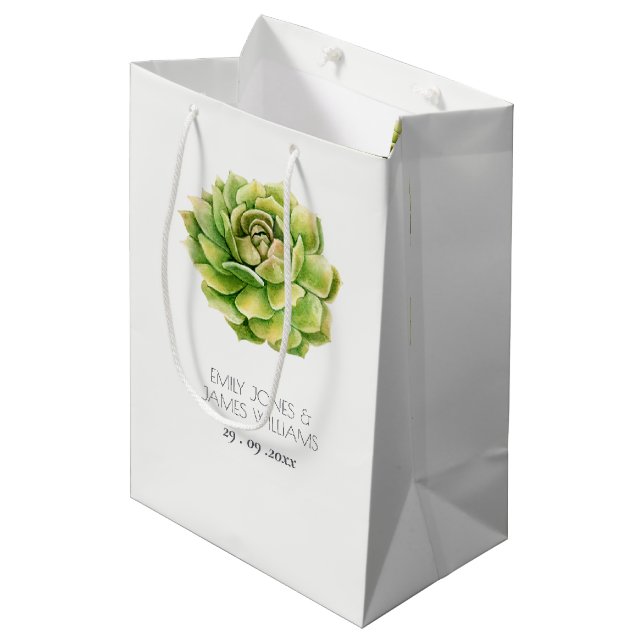 VIBRANT GREEN WATERCOLOR SUCCULENT WEDDING MEDIUM GIFT BAG (Front Angled)