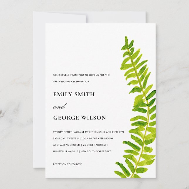 VIBRANT GREEN WATERCOLOUR FERN FOLIAGE WEDDING INVITATION (Front)