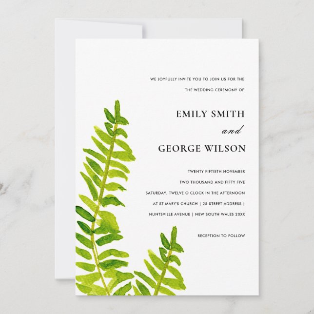 VIBRANT GREEN WATERCOLOUR FERN FOLIAGE WEDDING INVITATION (Front)