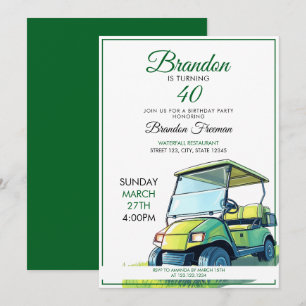 Vibrant Green & White Golf Cart 40th Birthday Invitation