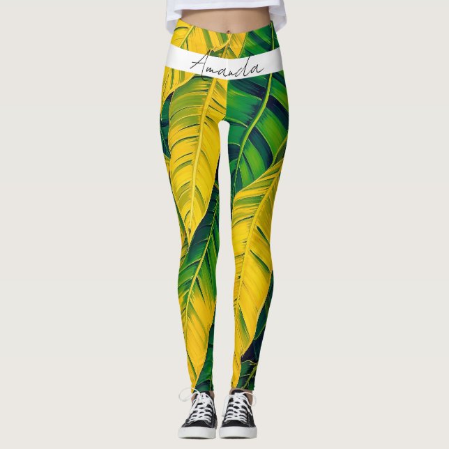 Vibrant Green & Yellow Banana Leaf Pattern Leggings (Front)