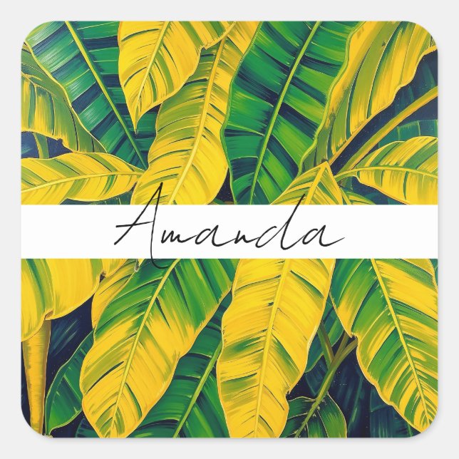Vibrant Green & Yellow Banana Leaf Pattern Square Sticker (Front)