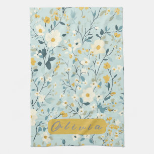 Vibrant green yellow blue white flowers tea towel
