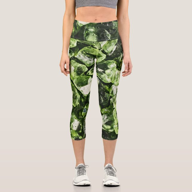 Vibrant greenery crystal rocks capri leggings (Front)