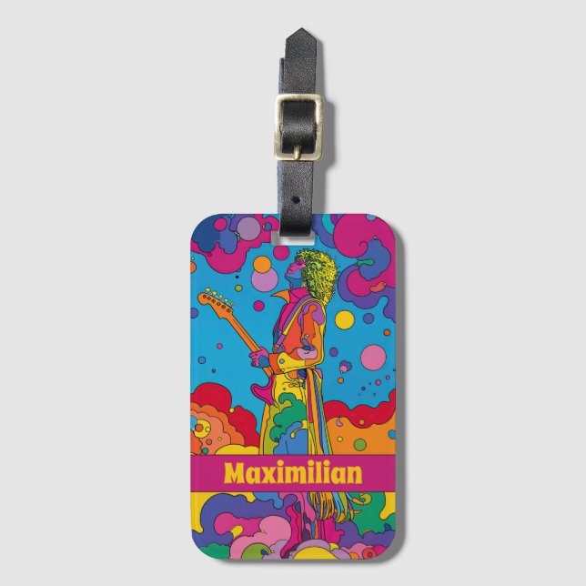 Vibrant Groovy Psychedelic Rock Guitarist Art Luggage Tag (Front Vertical)