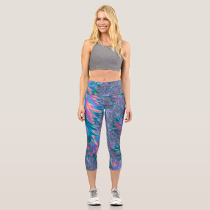Vibrant Groovy Trippy Bohemian Teal Coral Fractal Capri Leggings