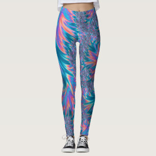 Vibrant Groovy Trippy Bohemian Teal Coral Fractal Leggings