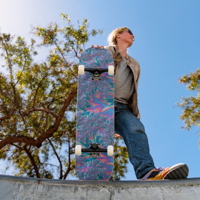 Vibrant Groovy Trippy Bohemian Teal Coral Fractal Skateboard (Outdoor 1)