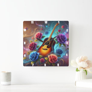 Vibrant Guitar Surrounded by Colourful Roses Square Wall Clock